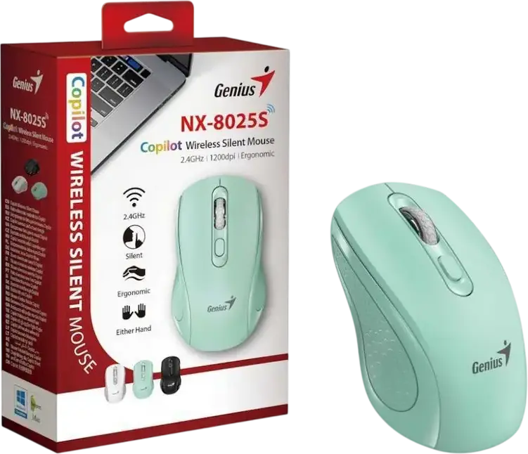 Genius NX-8025S Wireless Silent Mouse, Aquamarine, 2.4GHz Optical Sensor, 1200 DPI Adjustable, Dedicated AI Copilot Button, Ergonomic Design, 10m Range