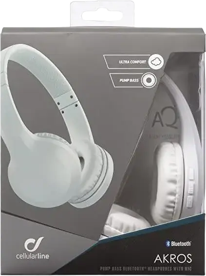Cellularline Akros Light Wireless Bluetooth On-Ear Headphones, White, with 40mm Dynamic Drivers, Pump Bass, Integrated Microphone and 3.5mm Jack