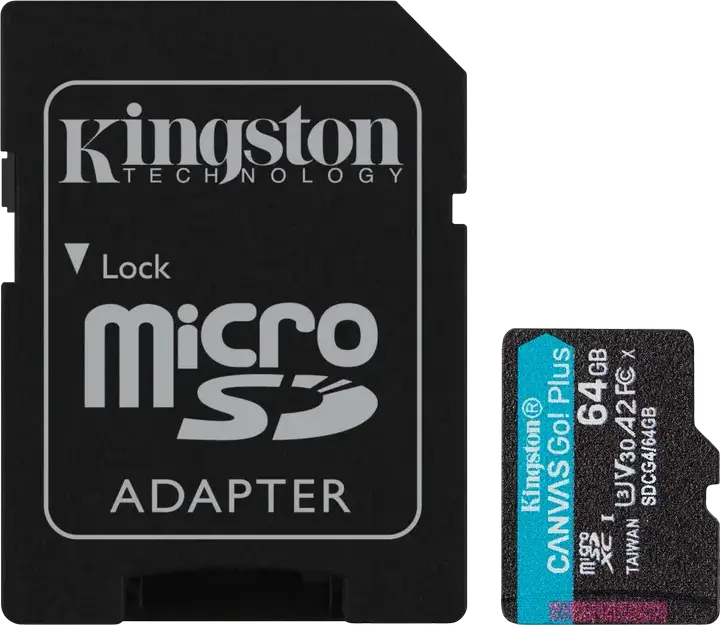 Card de memorie microSDXC Kingston Canvas Go! Plus SDCG4 64GB, Viteza citire până la 200MB/s, Class 10 UHS-I U3 V30 A2, Rezistent la apă și raze X, cu Adaptor SD