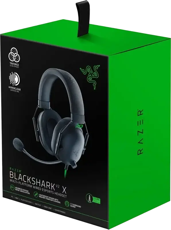 Casca Gaming Razer BlackShark V2 X cu fir - Negru, Drivere TriForce 50mm, Microfon Cardioid HyperClear, Sunet Surround 7.1, Perne din spumă cu memorie, Jack 3.5mm, Compatibilă cu PC, Mac, PS4, Xbox One și dispozitive mobile