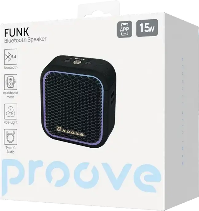 Boxa Bluetooth Proove Funk 15W v5.4, Neagra, Baterie 2600mAh, Suport TWS, Iluminare RGB, USB-C, Control Aplicație Equalizer, Design Compact Cub