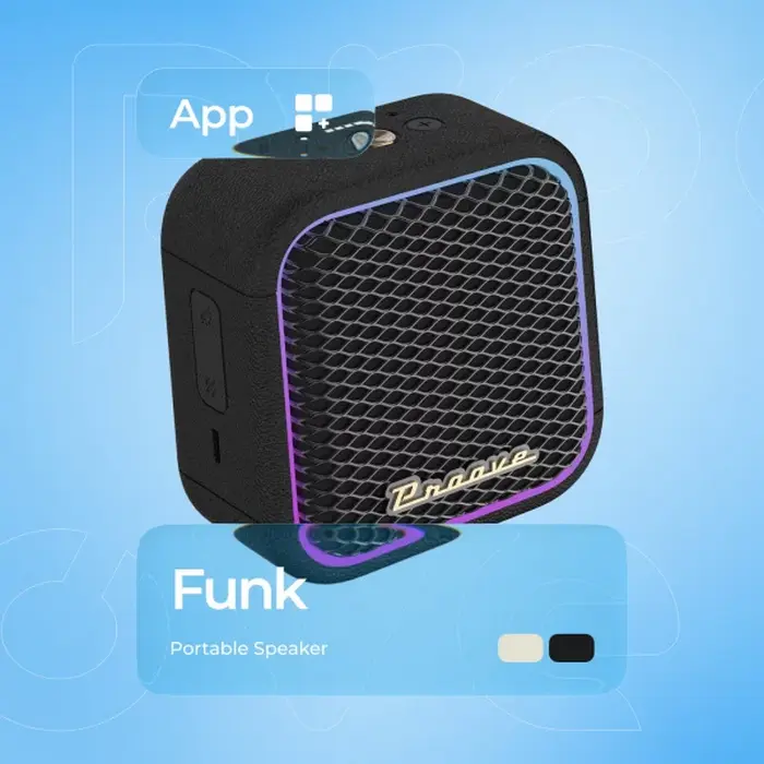 Boxa Bluetooth Proove Funk 15W v5.4, Neagra, Baterie 2600mAh, Suport TWS, Iluminare RGB, USB-C, Control Aplicație Equalizer, Design Compact Cub