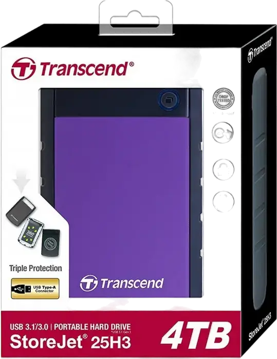 Transcend StoreJet 25H3 4TB External Hard Drive 2.5" HDD USB 3.1 Gen 1 5Gbps Shockproof MIL-STD-810G Purple