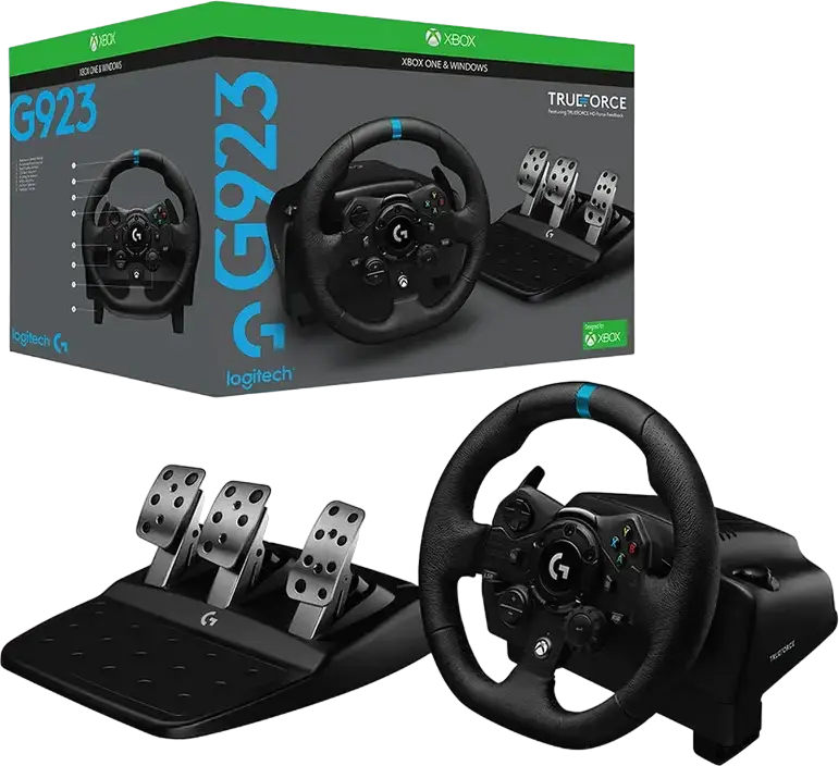 Logitech G923 Racing Wheel and 3-Pedal Set for Xbox Series X|S, Xbox One, Windows, Dual-Motor Force Feedback with TRUEFORCE, Hand-Stitched Leather, Black