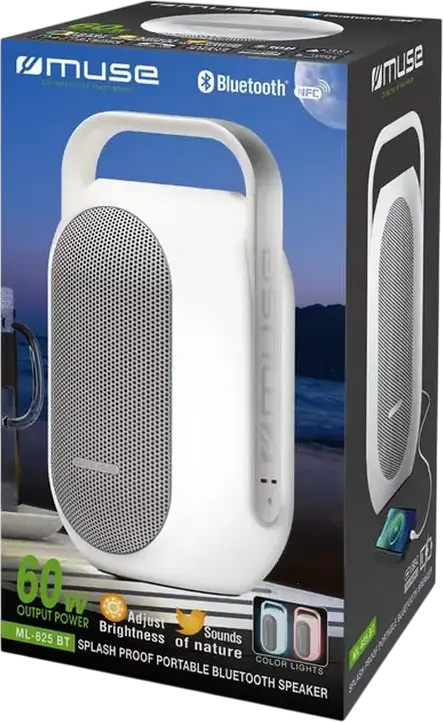 Muse ML-625 BT Portable Bluetooth Speaker, 60W RMS, IPX4 Water Resistant, NFC, USB-C, 4400mAh Battery, Multicolor Ambience Light, White