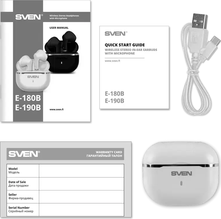 SVEN E-190B True Wireless Stereo TWS In-Ear Headphones, Bluetooth 5.3, 13mm Drivers, Touch Controls, USB Type-C, White