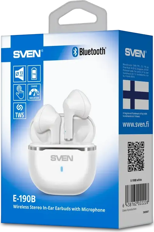 SVEN E-190B True Wireless Stereo TWS In-Ear Headphones, Bluetooth 5.3, 13mm Drivers, Touch Controls, USB Type-C, White