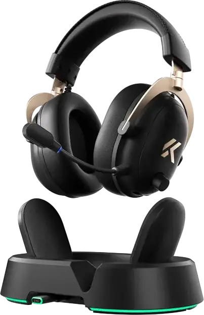 MCHOSE V9 Turbo Plus Wireless Gaming Headset, Black/Gold, Wireless/Wired, 60mm Drivers, 7.1 Virtual Surround Sound, AI Noise-Canceling Mic, 200h Battery, RGB Charging Base