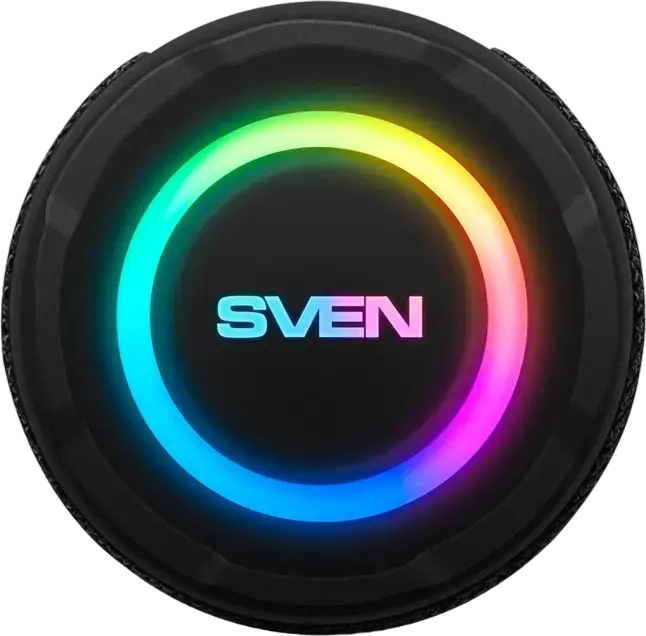 Boxa Portabila Bluetooth SVEN PS-160, Putere 12W RMS, Rezistenta la Apa IPX5, Pereche Stereo TWS, Radio FM, Iluminare RGB, MicroSD, USB, AUX, Negru