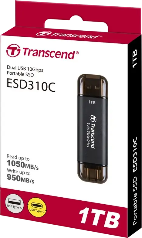 SSD Portabil Transcend ESD310C 1 TB, Negru, USB 3.2 Gen 2x1 10Gbps, Dual USB Type-A si Type-C, 3D NAND, Viteza Citire pana la 1050MB/s, Criptare AES 256-bit, exFAT