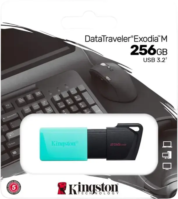Stick USB Kingston DataTraveler Exodia M USB 3.2 Gen 1, 256 GB, Negru/Albastru, Design Fără Capac cu Mecanism Culisant și Buclă pentru Breloc, Stocare Portabilă pentru PC și Laptop