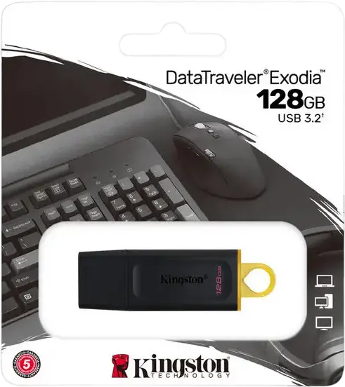 Kingston DataTraveler Exodia 128 GB USB 3.2 Gen 1 Flash Drive, Black/Yellow, USB-A Connector, Protective Cap and Keyring Loop, Windows, macOS, Linux, Chrome OS Compatible