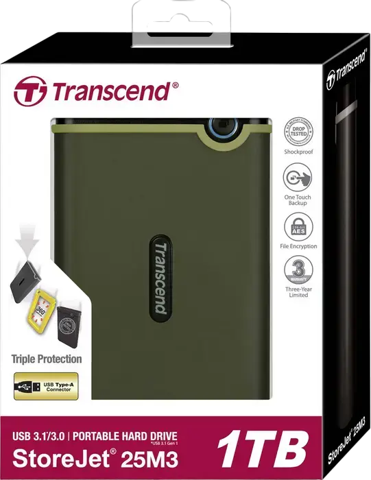 Hard Disk Extern Portabil Transcend StoreJet 25M3 1 TB 2.5 inch USB 3.1 Gen 1 Rezistent la Socuri Standard Militar cu Criptare AES 256-bit
