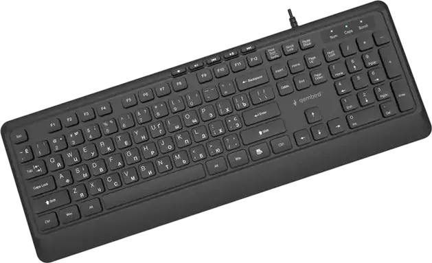 Tastatura cu Membrană Gembird KB-MCH-05-CYRL Slimline tip Ciocolată, USB cu Fir, Layout Engleză/Rusă, Iluminare Albă, 12 Taste FN și 5 Multimedia, Neagră