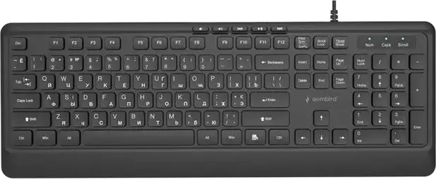 Tastatura cu Membrană Gembird KB-MCH-05-CYRL Slimline tip Ciocolată, USB cu Fir, Layout Engleză/Rusă, Iluminare Albă, 12 Taste FN și 5 Multimedia, Neagră