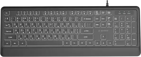 Tastatura cu Membrană Gembird KB-MCH-05-CYRL Slimline tip Ciocolată, USB cu Fir, Layout Engleză/Rusă, Iluminare Albă, 12 Taste FN și 5 Multimedia, Neagră