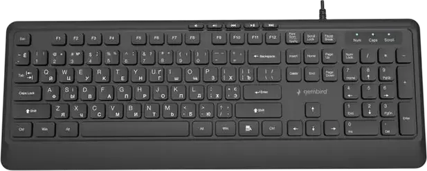 Tastatura cu Membrană Gembird KB-MCH-05-CYRL Slimline tip Ciocolată, USB cu Fir, Layout Engleză/Rusă, Iluminare Albă, 12 Taste FN și 5 Multimedia, Neagră
