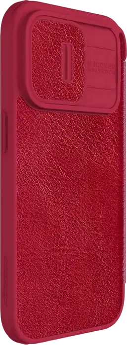 Nillkin Qin Pro Wallet Flip Case for Apple iPhone 15 Pro, Red, Textured Leather Full-Body Protection with Sliding Camera Lens Cover and Card Slot