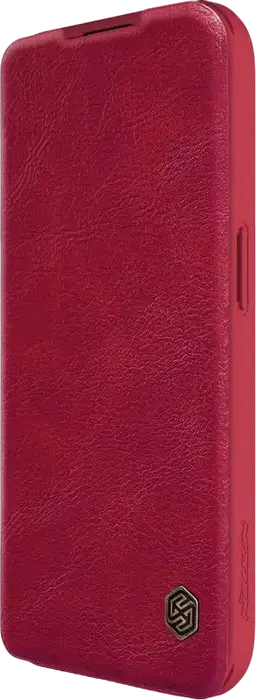 Nillkin Qin Pro Wallet Flip Case for Apple iPhone 15 Pro, Red, Textured Leather Full-Body Protection with Sliding Camera Lens Cover and Card Slot