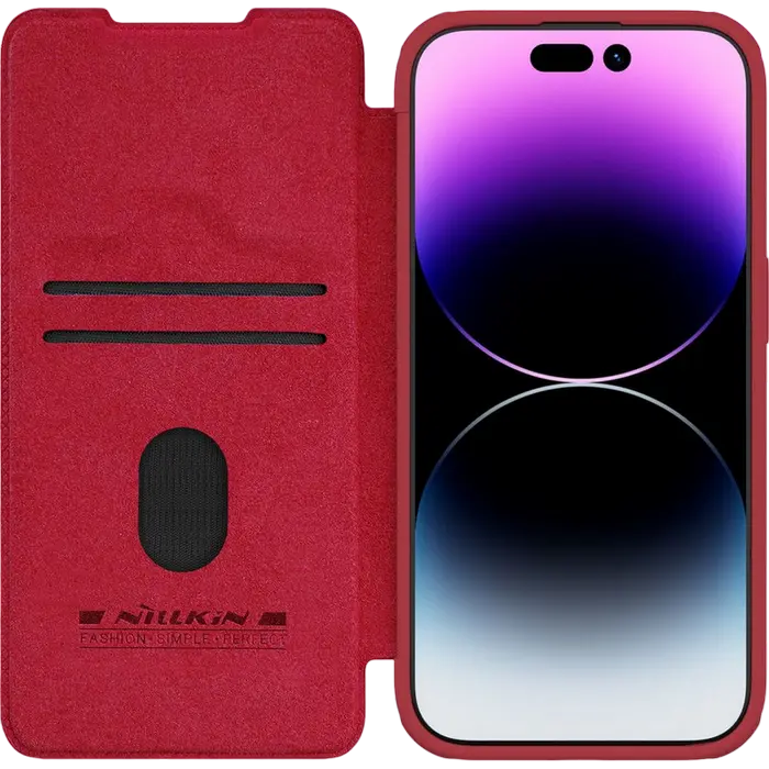 Nillkin Qin Pro Wallet Flip Case for Apple iPhone 15 Pro, Red, Textured Leather Full-Body Protection with Sliding Camera Lens Cover and Card Slot