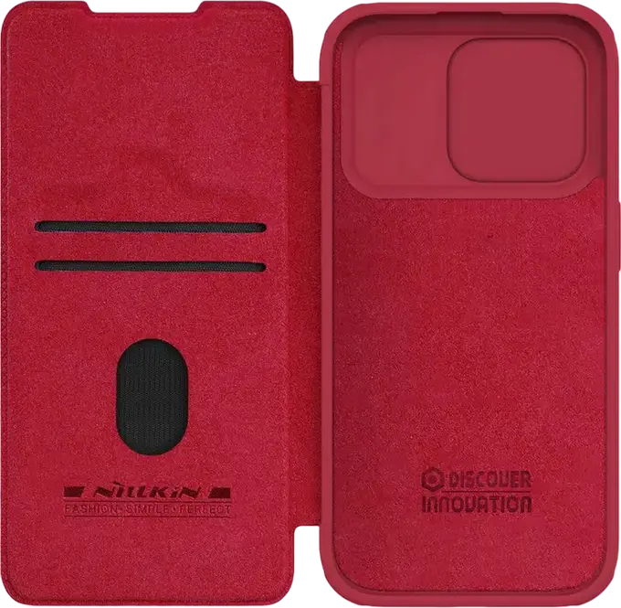 Nillkin Qin Pro Wallet Flip Case for Apple iPhone 15 Pro, Red, Textured Leather Full-Body Protection with Sliding Camera Lens Cover and Card Slot