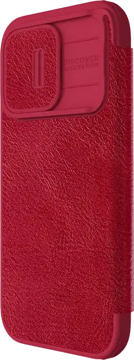 Nillkin Qin Pro Wallet Flip Case for Apple iPhone 15 Pro, Red, Textured Leather Full-Body Protection with Sliding Camera Lens Cover and Card Slot