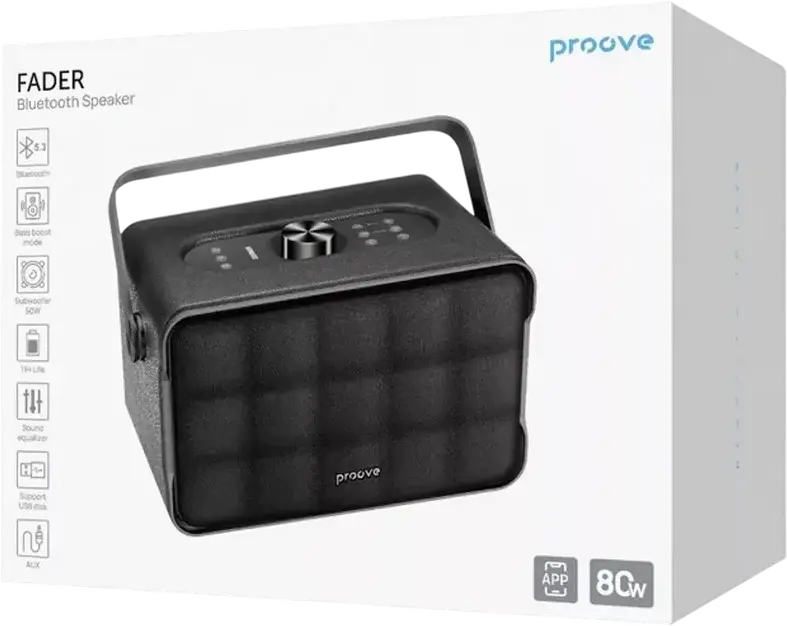Proove Fader 80W Portable Bluetooth Speaker PSFD8018AP01, 2.1 CH Audio System, 13500mAh Battery, TWS, Bass Boost, USB, AUX, RCA, Black