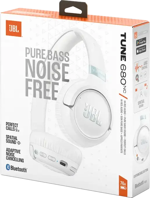 Casca JBL Tune 680NC Wireless/Wired On-Ear, Albă, cu Anulare Activă Adaptivă a Zgomotului ANC, Pure Bass Sound, Sunet Spațial, Baterie 76h, Cablu 1.2m, Conexiune Multipoint