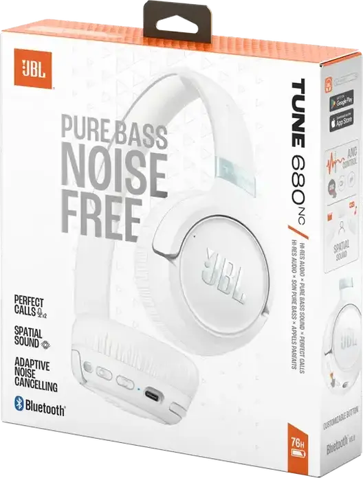Casca JBL Tune 680NC Wireless/Wired On-Ear, Albă, cu Anulare Activă Adaptivă a Zgomotului ANC, Pure Bass Sound, Sunet Spațial, Baterie 76h, Cablu 1.2m, Conexiune Multipoint