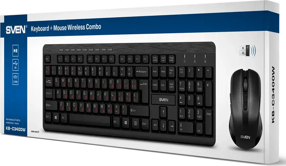 SVEN KB-C3400W Wireless Keyboard and Mouse Set, 2.4 GHz USB, Membrane Keyboard with Multimedia Keys, Optical Mouse 1600 DPI, Black