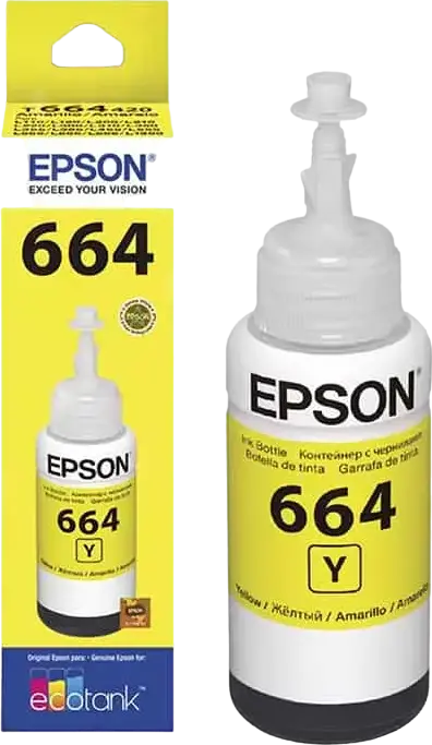 Epson T664 EcoTank Dye-based Ink Bottle, 70ml, Yellow, for L-Series Inkjet Printers L100 L110 L120 L1300 L200 L300 L355 L400 L550