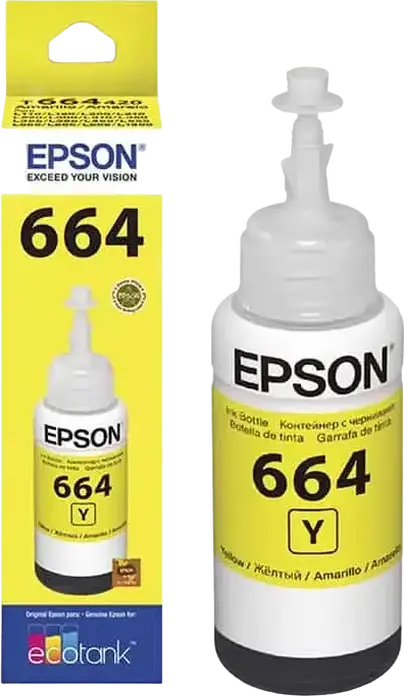 Epson T664 EcoTank Dye-based Ink Bottle, 70ml, Yellow, for L-Series Inkjet Printers L100 L110 L120 L1300 L200 L300 L355 L400 L550