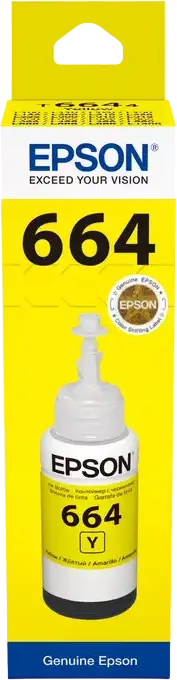 Epson T664 EcoTank Dye-based Ink Bottle, 70ml, Yellow, for L-Series Inkjet Printers L100 L110 L120 L1300 L200 L300 L355 L400 L550