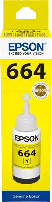 Epson T664 EcoTank Dye-based Ink Bottle, 70ml, Yellow, for L-Series Inkjet Printers L100 L110 L120 L1300 L200 L300 L355 L400 L550