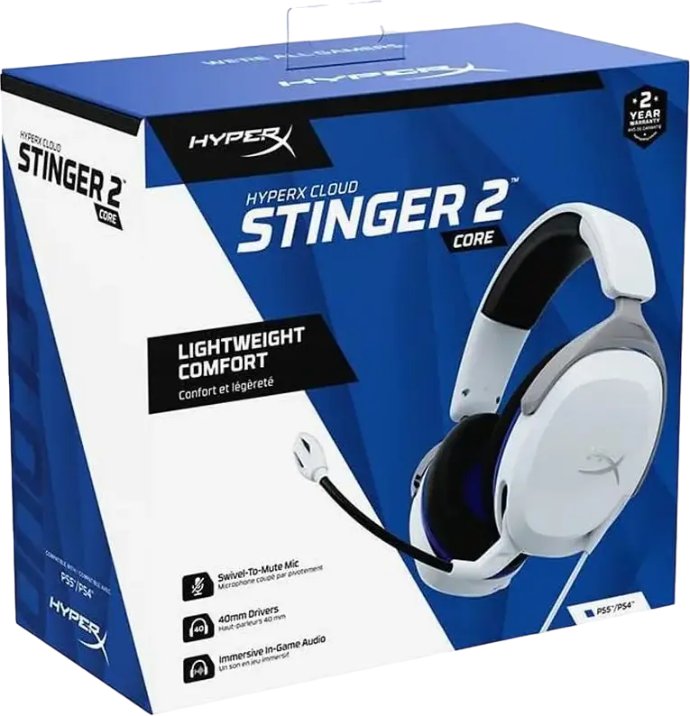 HyperX Cloud Stinger 2 Core Gaming Headset, 40mm Dynamic Drivers, Noise-Cancelling Swivel-to-Mute Mic, DTS Headphone:X Spatial Audio, White, PC PS5 PS4