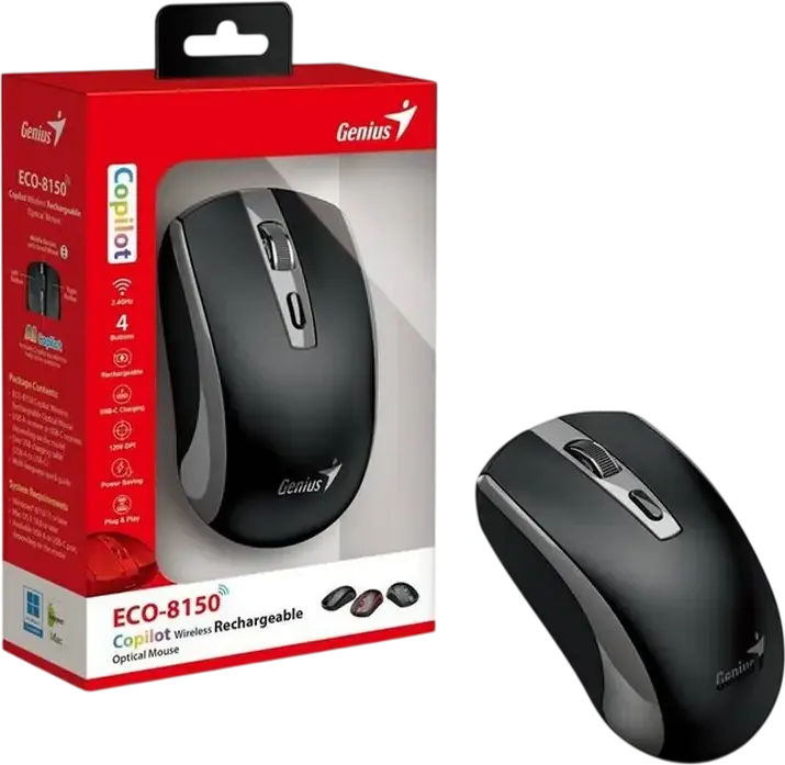 Genius ECO-8150 Copilot Wireless Rechargeable Optical Mouse, Grey, 1200 DPI, 2.4GHz USB-A Receiver, AI Copilot Key, Ambidextrous, USB-C Charging