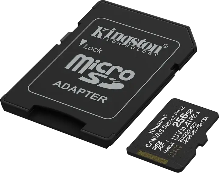 Card Memorie Kingston Canvas Select Plus 256GB microSDXC SDCS3/256GB, UHS-I U3 V30 A1 Clasa 10, Viteza de Citire pana la 150MB/s, cu Adaptor SD