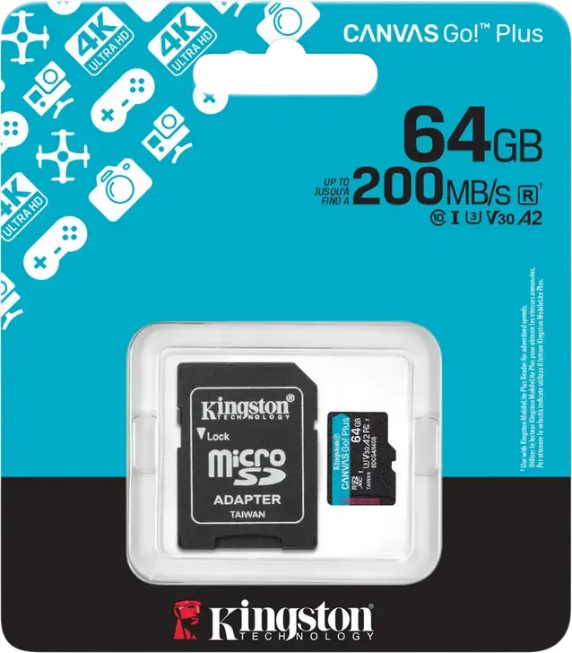 Card de memorie microSDXC Kingston Canvas Go! Plus SDCG4 256GB, Viteza citire până la 200MB/s, Class 10 UHS-I U3 V30 A2, Rezistent la apă și raze X, cu Adaptor SD