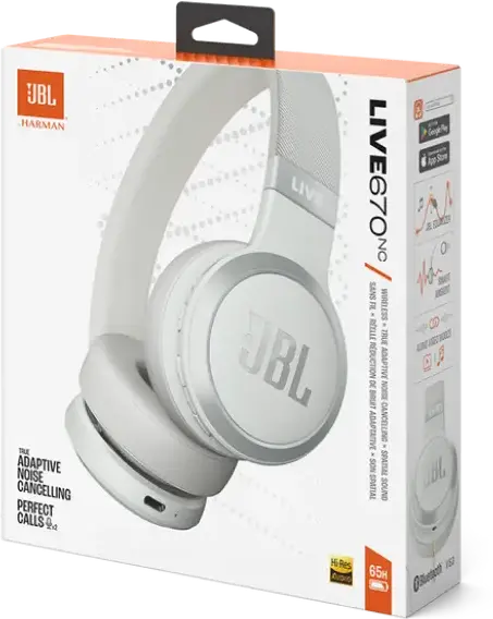 Casca JBL LIVE 670NC Wireless On-Ear, Anulare Adaptiva a Zgomotului, Baterie 65h, Bluetooth 5.3, Personi-Fi 2.0, Sunet Spatial, Alb