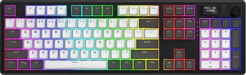 Tastatura Mecanica HATOR Skyfall 100 PRO Wireless Full-size, Conectivitate Tri-mode, Switch-uri Aurum Vanila Silent Linear, Negru/Gri, Baterie 8000mAh, Ecran TFT, RGB