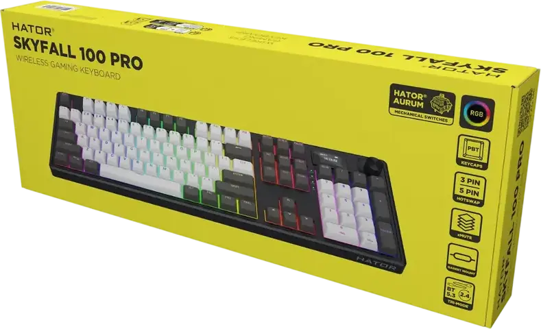 Tastatura Mecanica HATOR Skyfall 100 PRO Wireless Full-size, Conectivitate Tri-mode, Switch-uri Aurum Vanila Silent Linear, Negru/Gri, Baterie 8000mAh, Ecran TFT, RGB