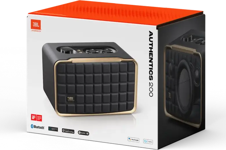 Boxa JBL Authentics 200 Retro Bluetooth si Wi-Fi, Putere 90W RMS, Sistem Stereo 2.0, Subwoofer 5", Google Assistant, Alexa, Chromecast, Negru