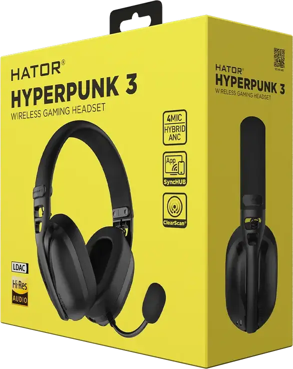 Игровая гарнитура HATOR Hyperpunk 3 Wireless, Черная, Hi-Res LDAC, гибридный ANC, драйверы 40мм, 2.4ГГц/Bluetooth 5.4/провод, THX Spatial Audio+, съемный микрофон, до 45ч работы