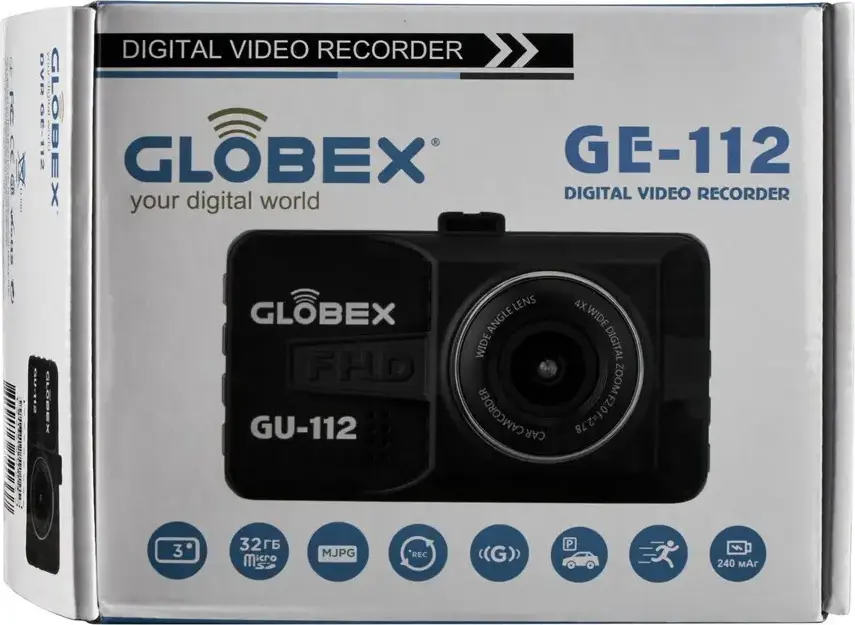 Автомобильный видеорегистратор Globex GE-112 Full-HD 1080P 30fps Угол обзора 120 градусов Дисплей 3 дюйма CMOS Сенсор Поддержка MicroSD Черный