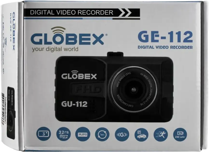 Автомобильный видеорегистратор Globex GE-112 Full-HD 1080P 30fps Угол обзора 120 градусов Дисплей 3 дюйма CMOS Сенсор Поддержка MicroSD Черный