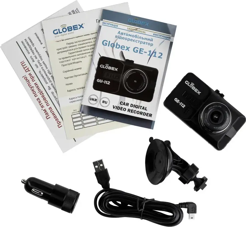 Автомобильный видеорегистратор Globex GE-112 Full-HD 1080P 30fps Угол обзора 120 градусов Дисплей 3 дюйма CMOS Сенсор Поддержка MicroSD Черный