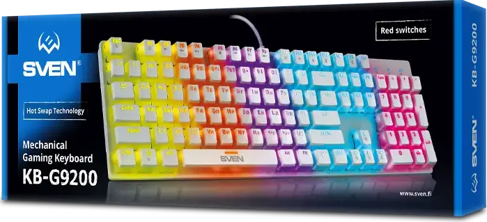 SVEN KB-G9200 Mechanical Gaming Keyboard, Full-size 104 Keys, Hot-Swap Red Linear Switches, RGB Backlight, Double-shot Keycaps, N-Key Rollover, White