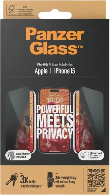 PanzerGlass UWF Privacy Tempered Glass Screen Protector for Apple iPhone 15, Side-View Privacy Filter, Anti-Scratch Smudge-Free Coating, 0.7mm