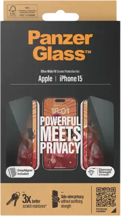 PanzerGlass UWF Privacy Tempered Glass Screen Protector for Apple iPhone 15, Side-View Privacy Filter, Anti-Scratch Smudge-Free Coating, 0.7mm