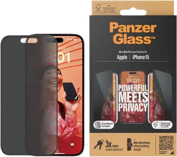 PanzerGlass UWF Privacy Tempered Glass Screen Protector for Apple iPhone 15, Side-View Privacy Filter, Anti-Scratch Smudge-Free Coating, 0.7mm